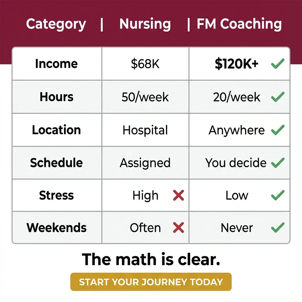 Nursing vs FM Coaching comparison - Income, Hours, Freedom